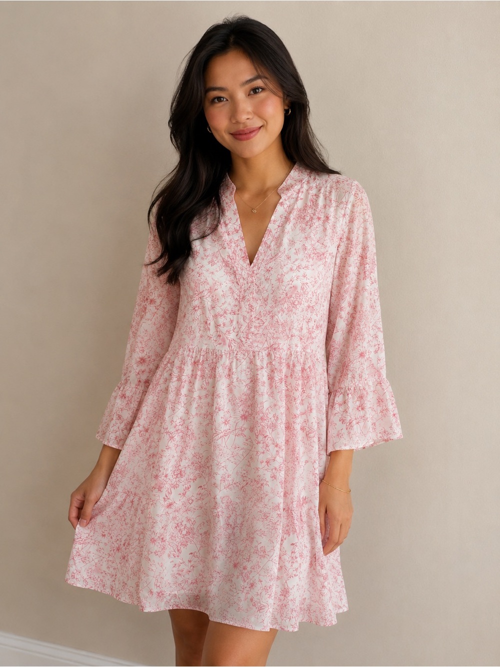 Women's‎ Pink Floral Midi Dress - Lightweight V-Neck